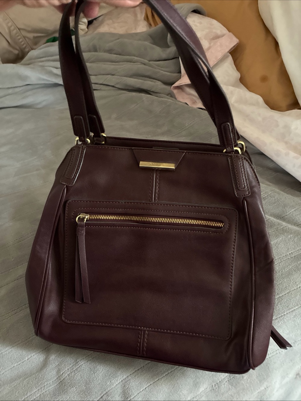 Nine West Deep Burgundy Leather Shoulder Bag with Gold Hardware